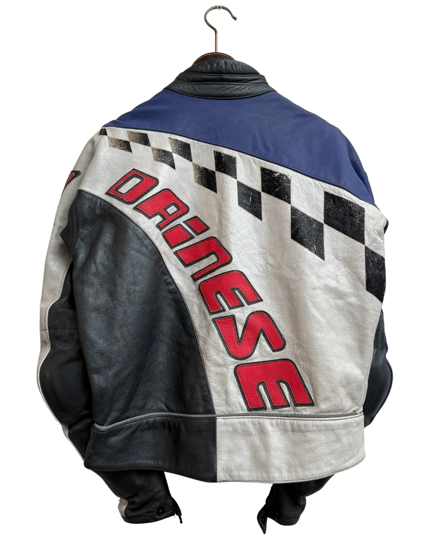 Dainese Vintage 1990s Racing Leather Jacket Checkerboard Blue White Red MotoGP Legend Label Size 50