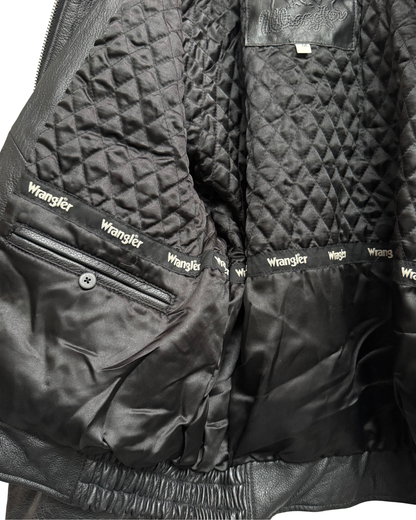 Wrangler "James Dean" Black Leather Bomber Jacket with Detachable Teddy Collar, IT 50, Men