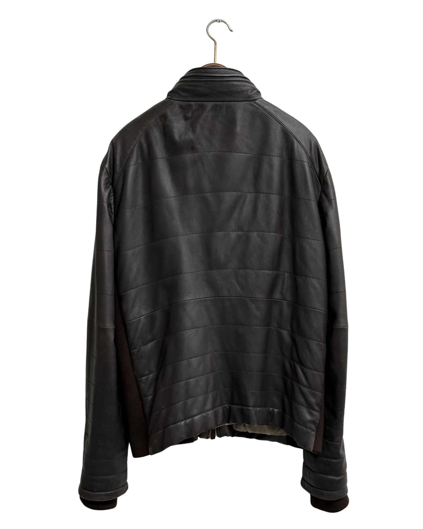 Armani Collezioni Brown Lamb Leather Quilted Jacket with Knit Panels Men Size 56