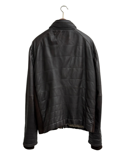 Armani Collezioni Brown Lamb Leather Quilted Jacket with Knit Panels Men Size 56
