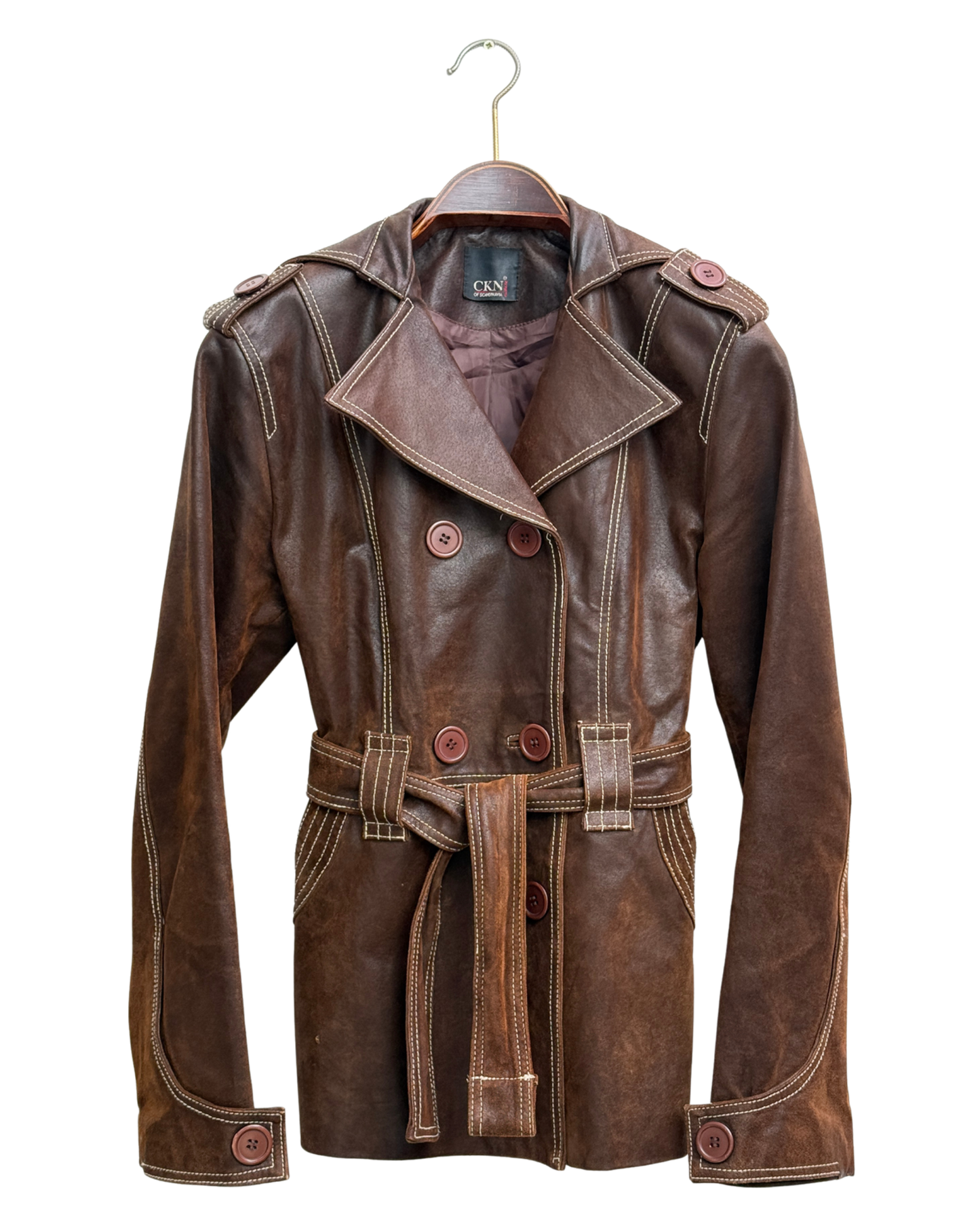 Distressed Brown Leather Trench Jacket, Womens M