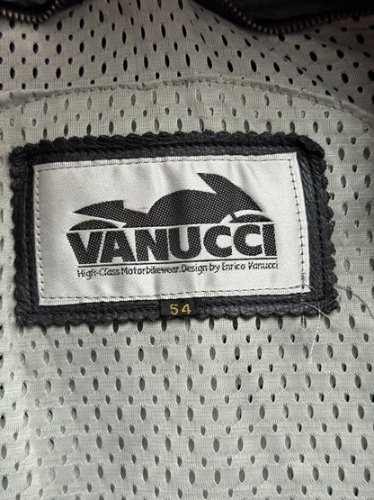 Vanucci Black Leather Racing Motorcycle Jacket with White Piping, IT 54, Men