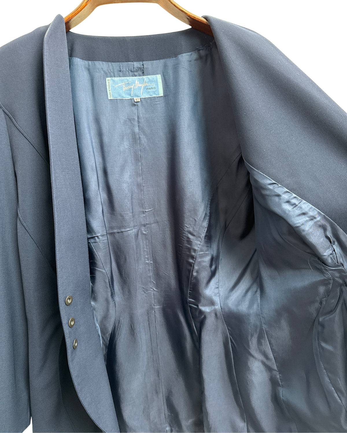 Thierry Mugler vintage navy wool blazer with gold wing motifs size 42