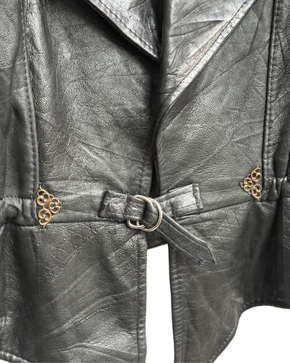 Vintage 80s Black Leather Peplum Jacket with Metallic Shawl Collar, IT 44, Women