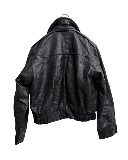 Wrangler "James Dean" Black Leather Bomber Jacket with Detachable Teddy Collar, IT 50, Men
