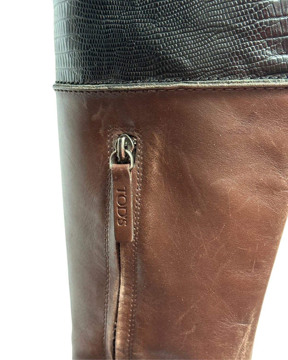 Tod's Brown Leather Riding Boots with Lizard Embossed Shaft, Women 38,5