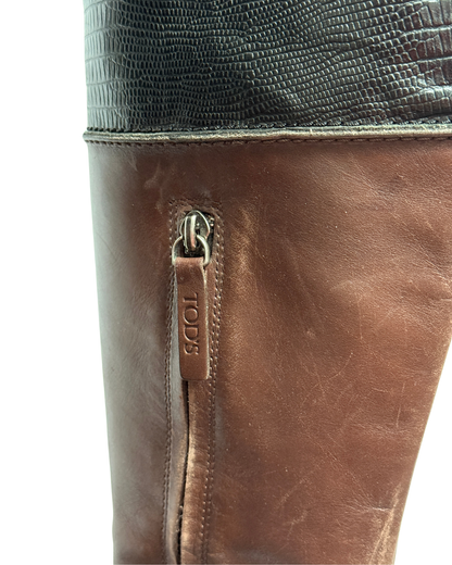 Tod's Brown Leather Riding Boots with Lizard Embossed Shaft, Women 38,5