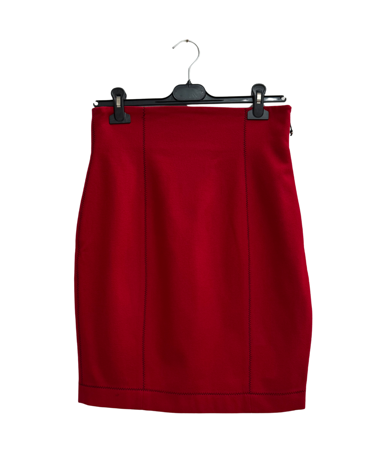 Plein Sud Vintage 1990s Wool Cashmere Skirt Suit Red Black Picot Stitch Made in France Size 38/40