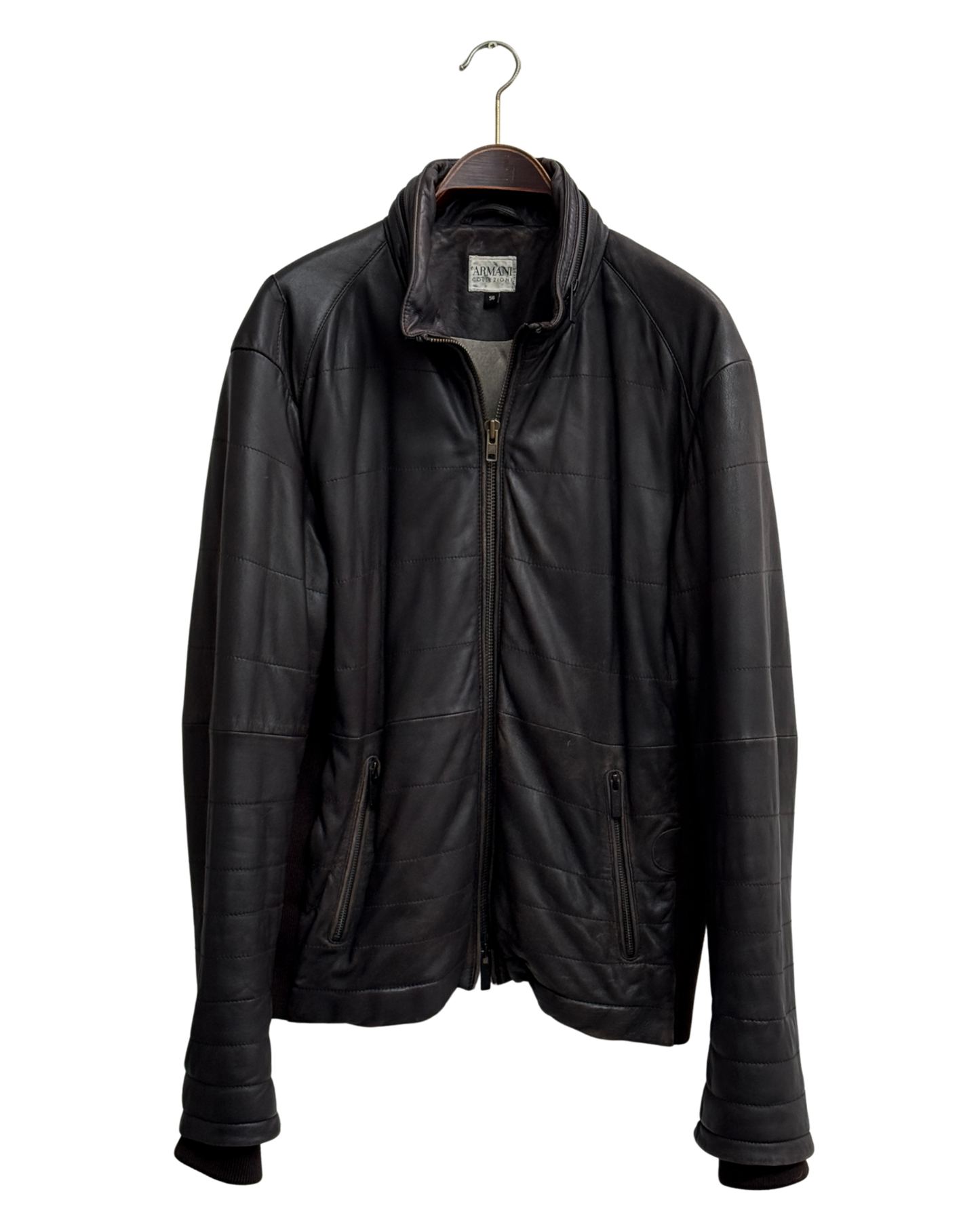 Armani Collezioni Brown Lamb Leather Quilted Jacket with Knit Panels Men Size 56