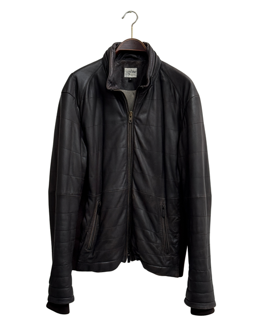 Armani Collezioni Brown Lamb Leather Quilted Jacket with Knit Panels Men Size 56