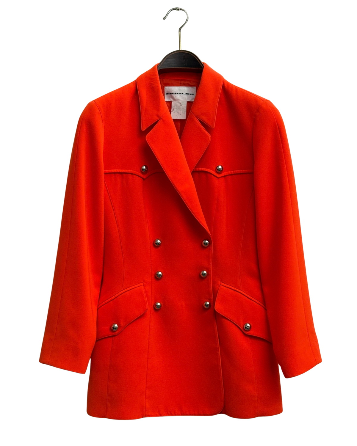 Mugler vintage 90s orange double breasted blazer, silver buttons FR 38
