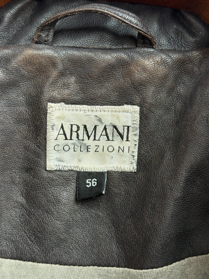 Armani Collezioni Brown Lamb Leather Quilted Jacket with Knit Panels Men Size 56