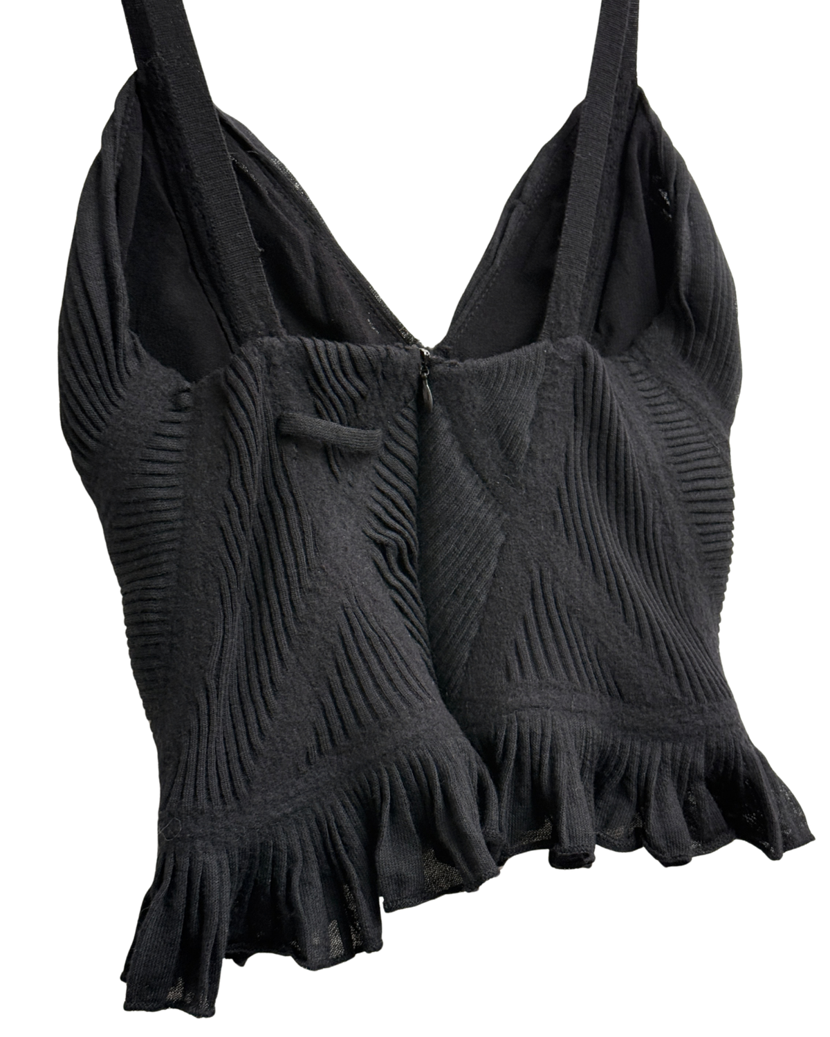 Jean Paul Gaultier wool corset top, ruffled hem, ribbed knit, Maille line Size M