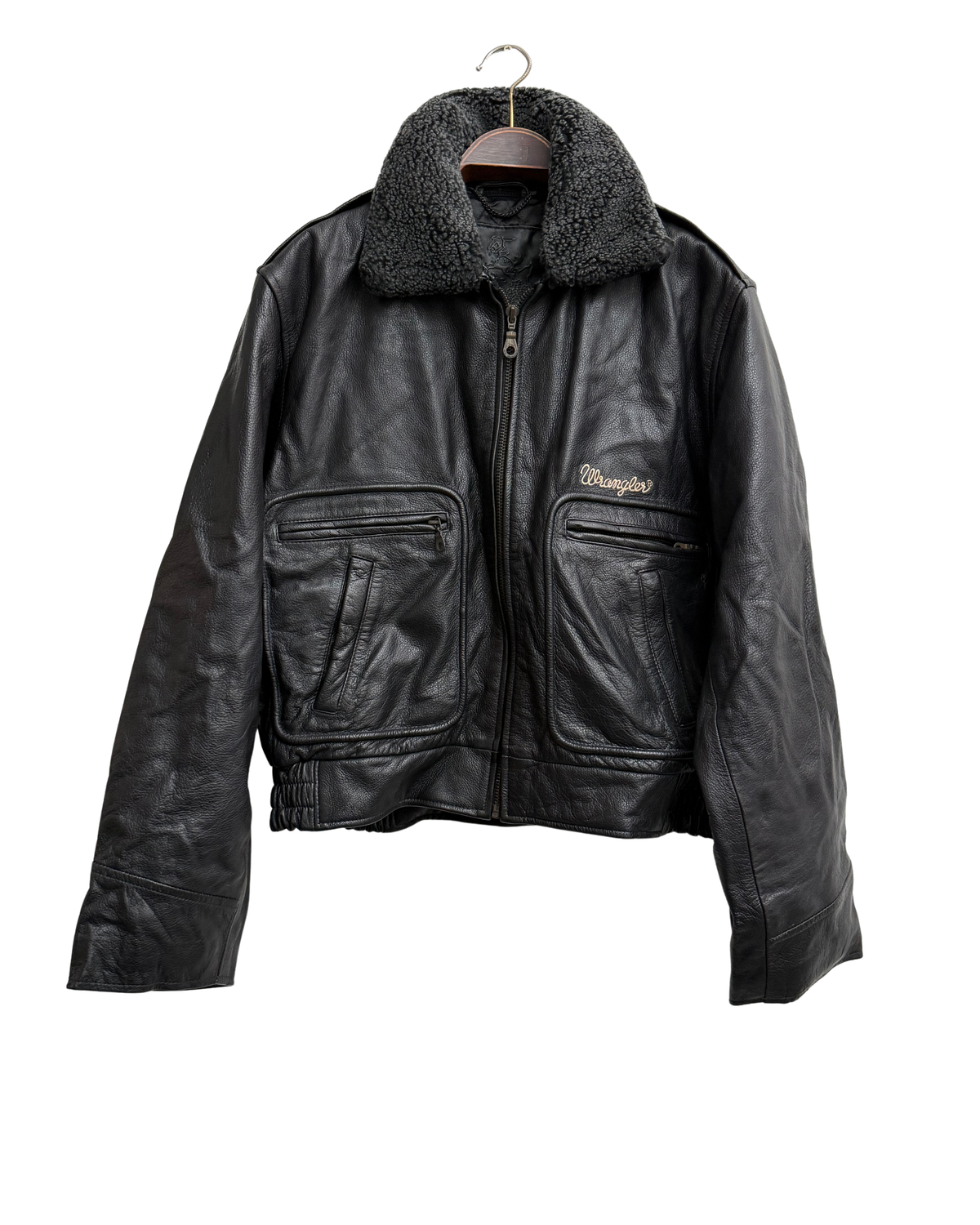 Wrangler "James Dean" Black Leather Bomber Jacket with Detachable Teddy Collar, IT 50, Men