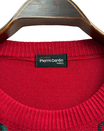 Pierre Cardin Paris Red Jacquard Knit Sweater with Vertical Stripes, IT 54, Men