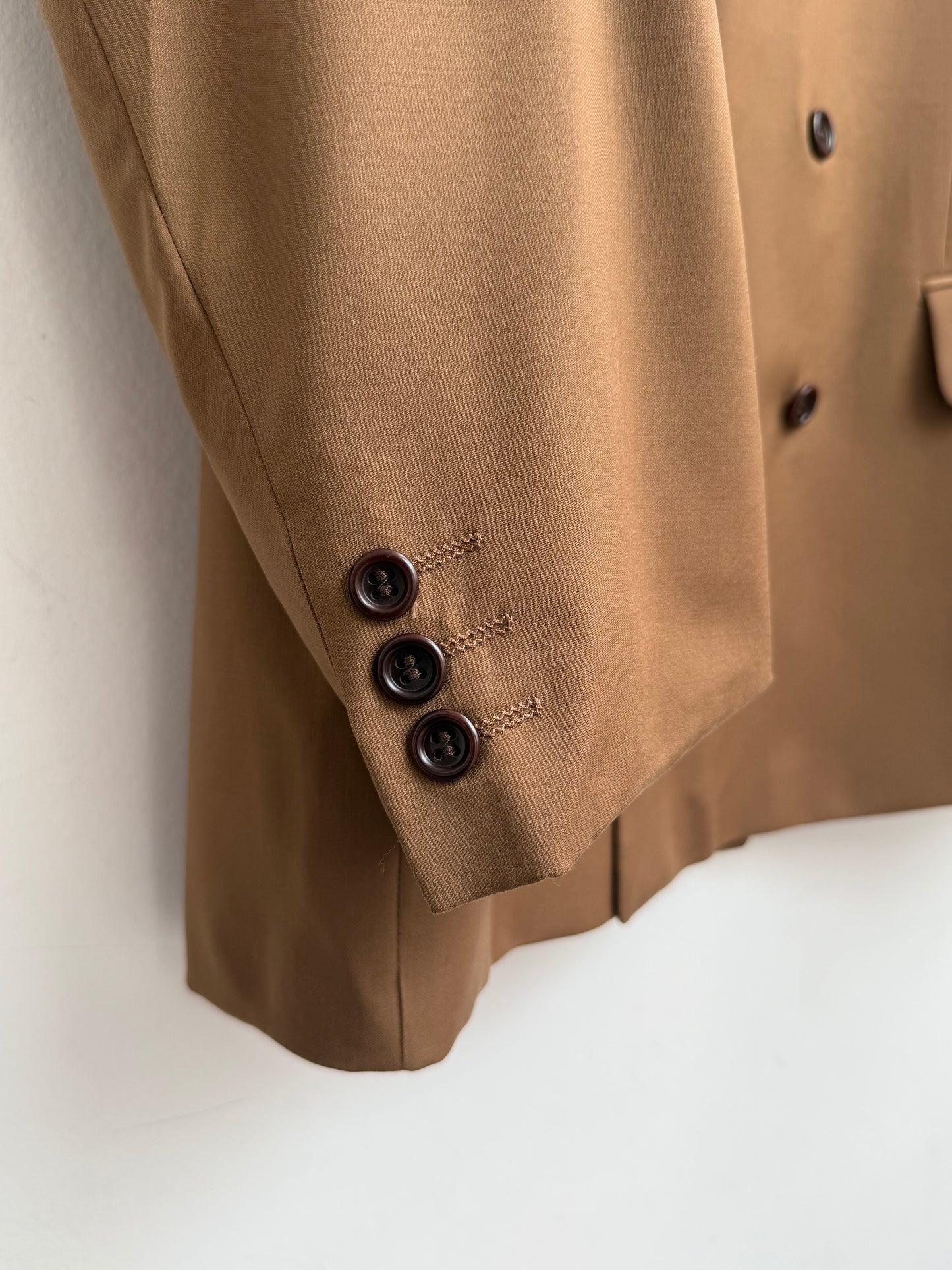 Christian Berg x Loro Piana Super 110s Virgin Wool Double Breasted Blazer Camel Tan Vintage 1980s-1990s