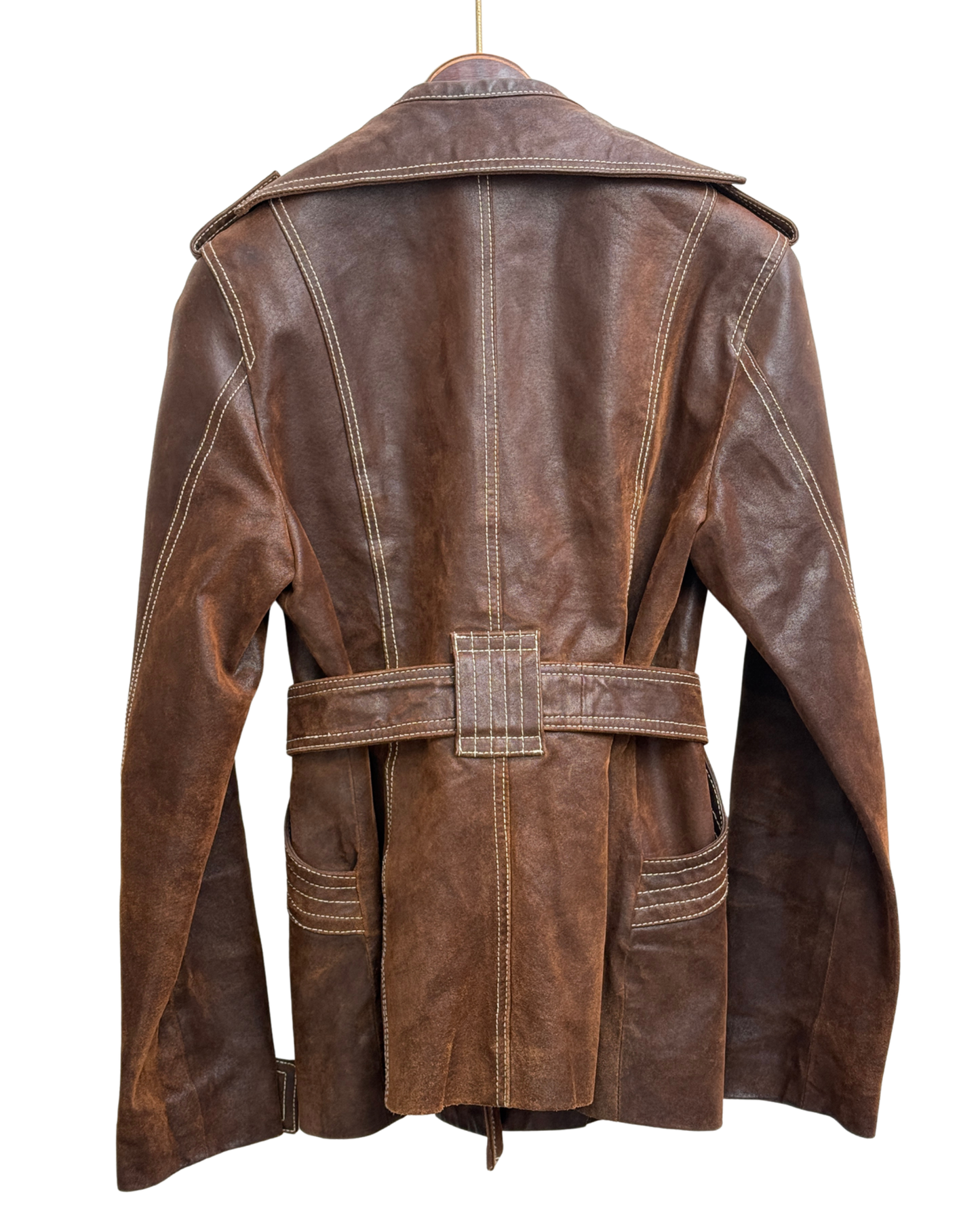 Distressed Brown Leather Trench Jacket, Womens M