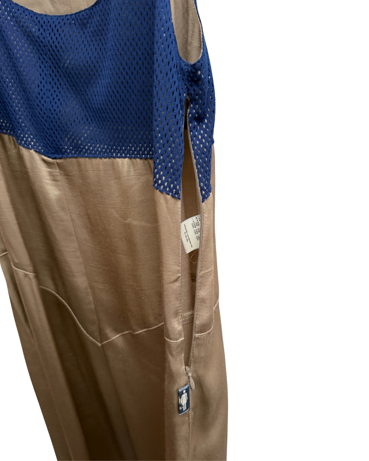90s JPG Jean's by Gaultier taupe & blue sleeveless midi dress IT 44