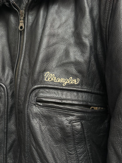 Wrangler "James Dean" Black Leather Bomber Jacket with Detachable Teddy Collar, IT 50, Men