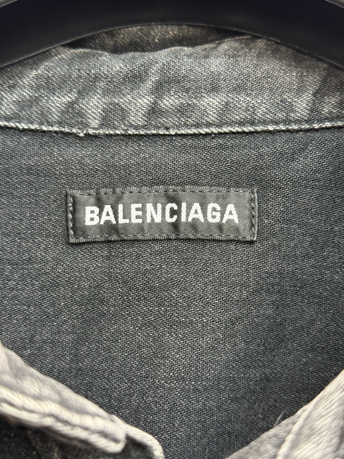 Balenciaga 2019 Washed Black Denim Shirt Red Logo Back Print Branded Buttons Men Size 40 / XXL