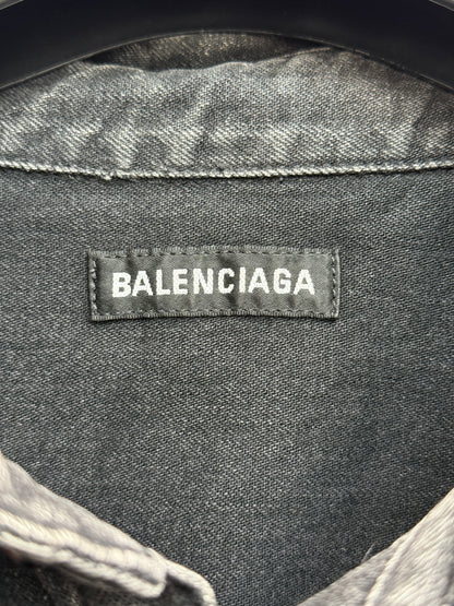 Balenciaga 2019 Washed Black Denim Shirt Red Logo Back Print Branded Buttons Men Size 40 / XXL