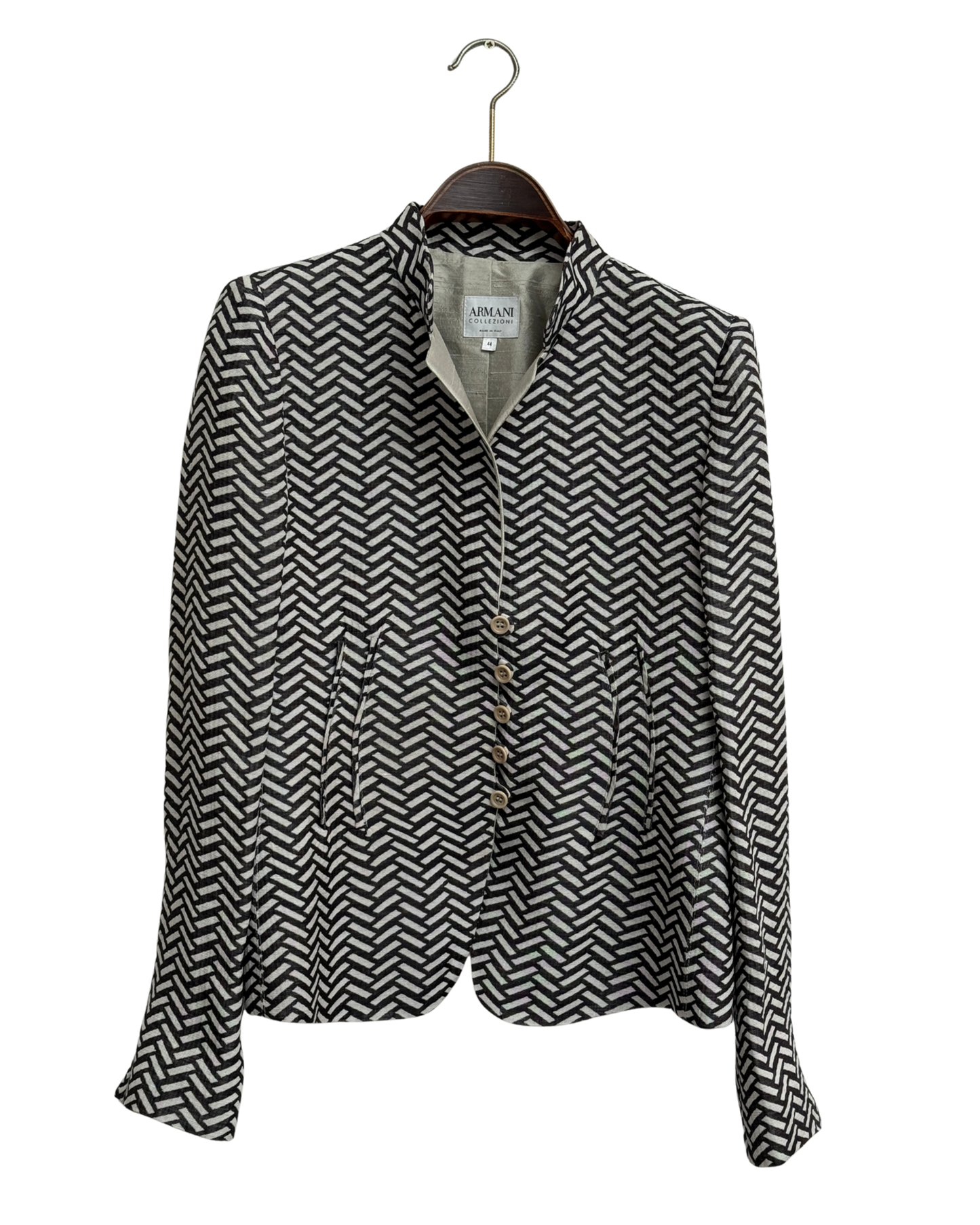 Armani Collezioni Linen Blend Geometric Blazer Black White Silk Lining Size 44 IT Made in Italy 2005