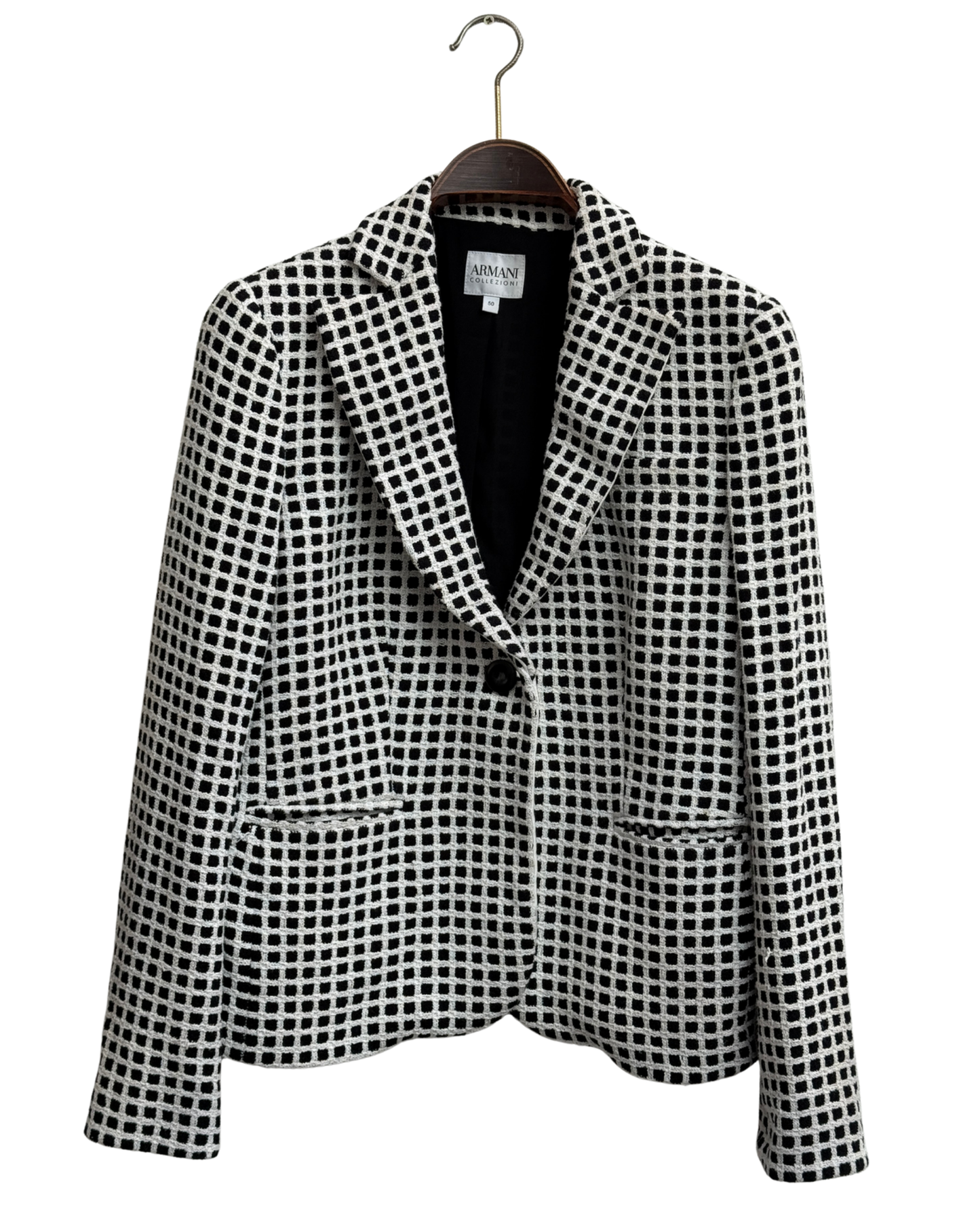 Armani Collezioni Black and White Check Bouclé Blazer size 50 IT 2015
