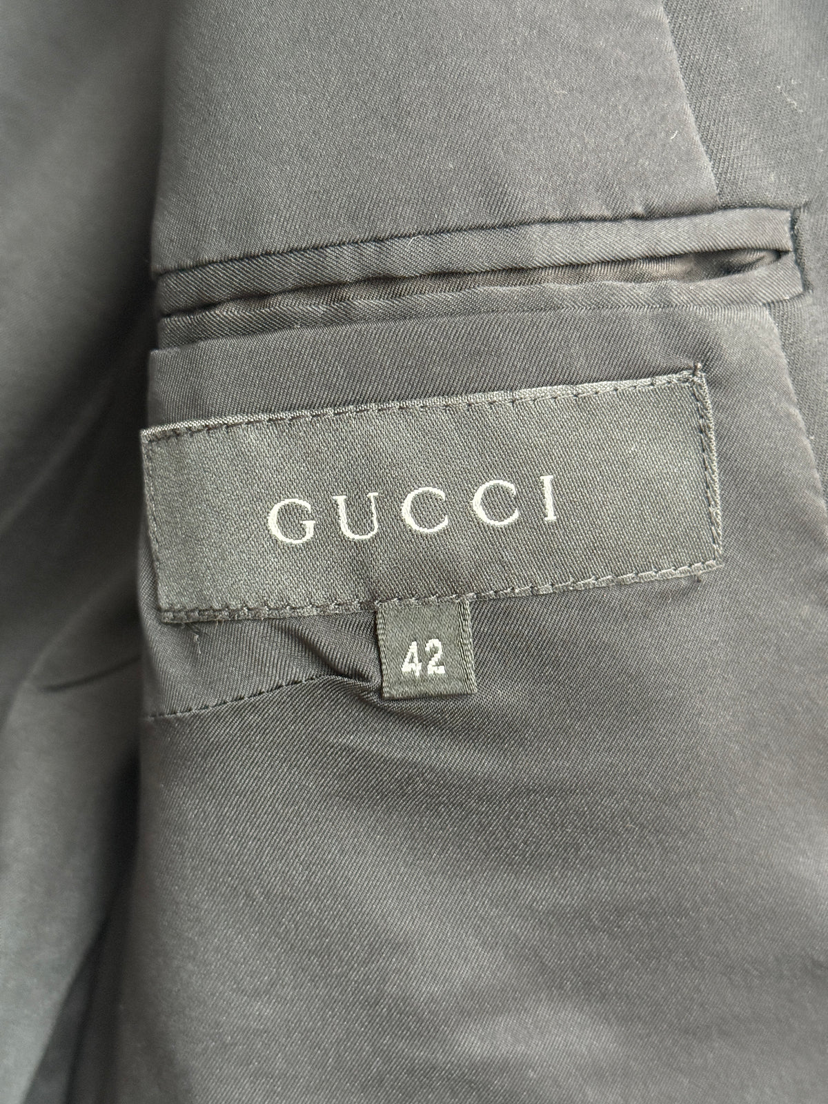 Gucci by Tom Ford blazer, black wool, leather-trimmed pockets, Size 42 IT