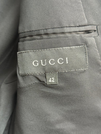 Gucci by Tom Ford blazer, black wool, leather-trimmed pockets, Size 42 IT