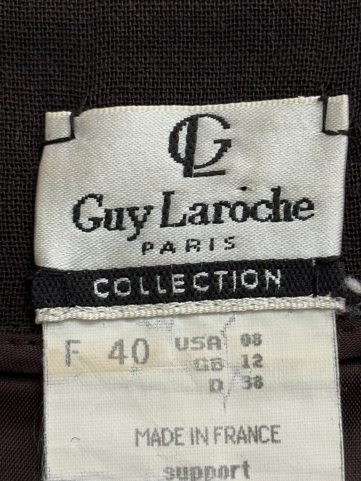 Guy Laroche vintage brown wool skirt with hand-tacked leather mosaic appliqué FR 40