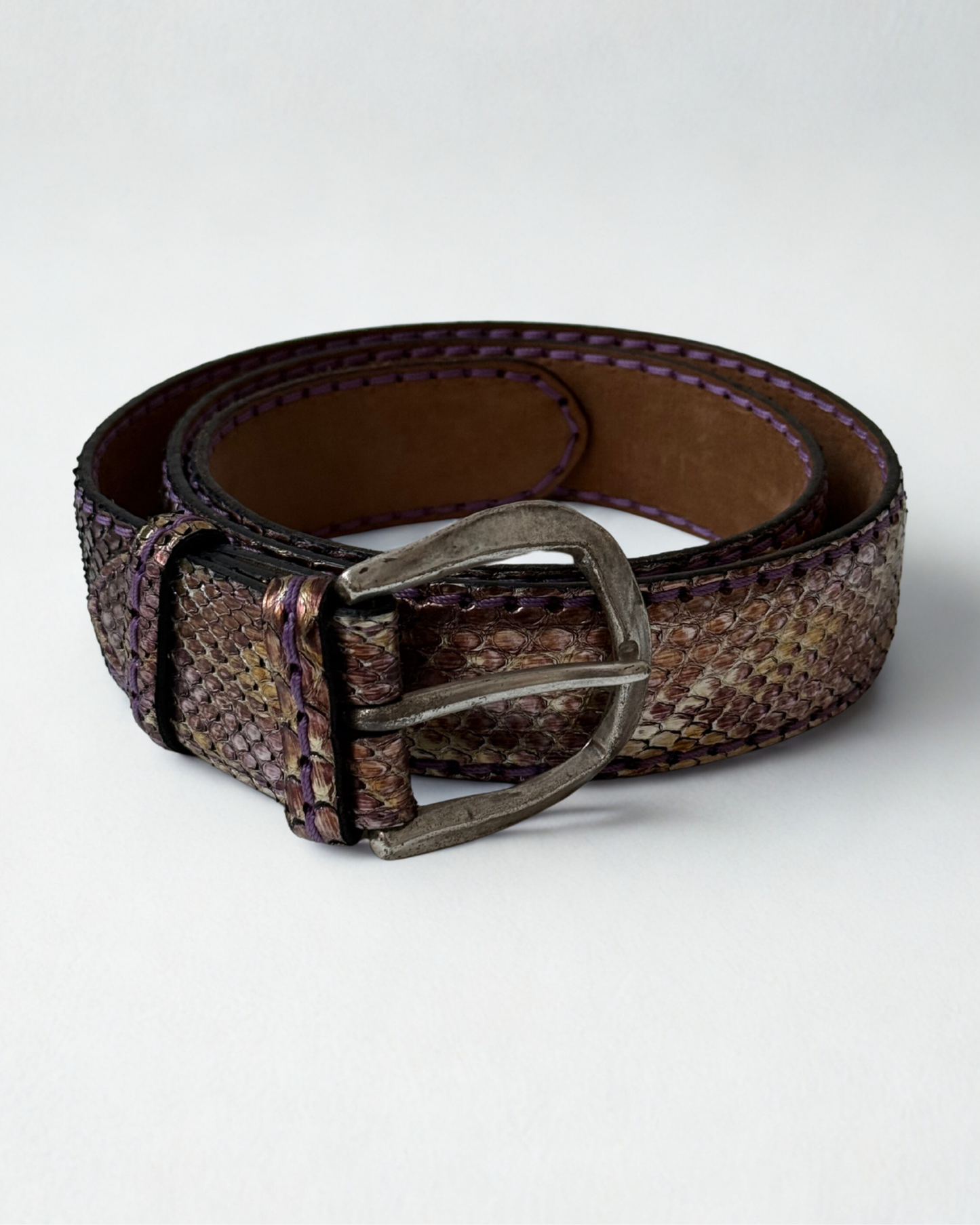 Front view of vintage JMADE python leather belt in purple and gold