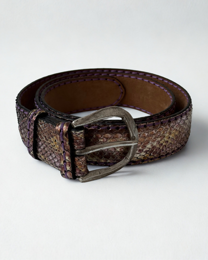 Front view of vintage JMADE python leather belt in purple and gold