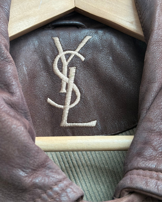Yves Saint Laurent embroidery detail inside leather jacket