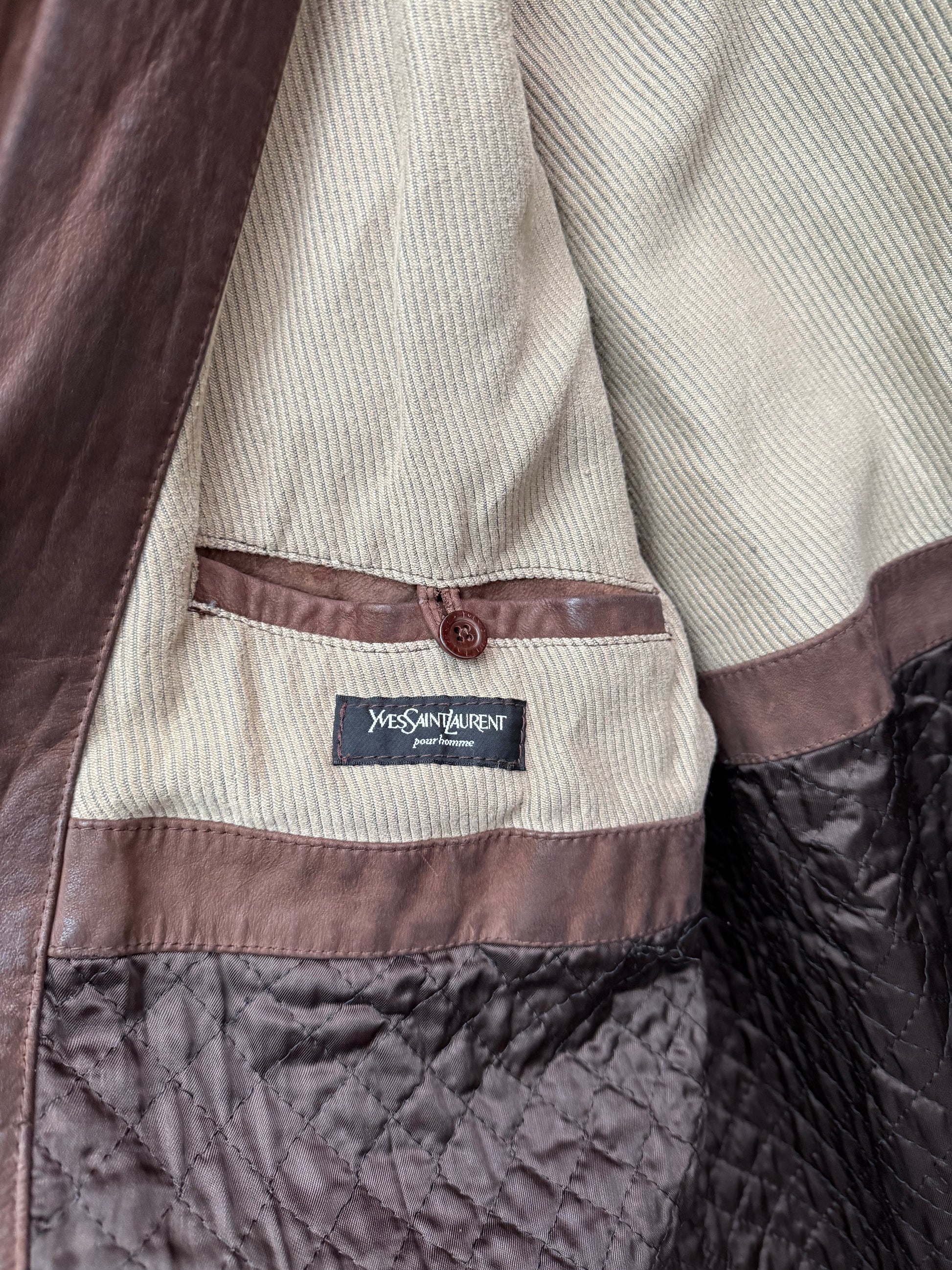 Yves Saint Laurent label detail inside leather jacket