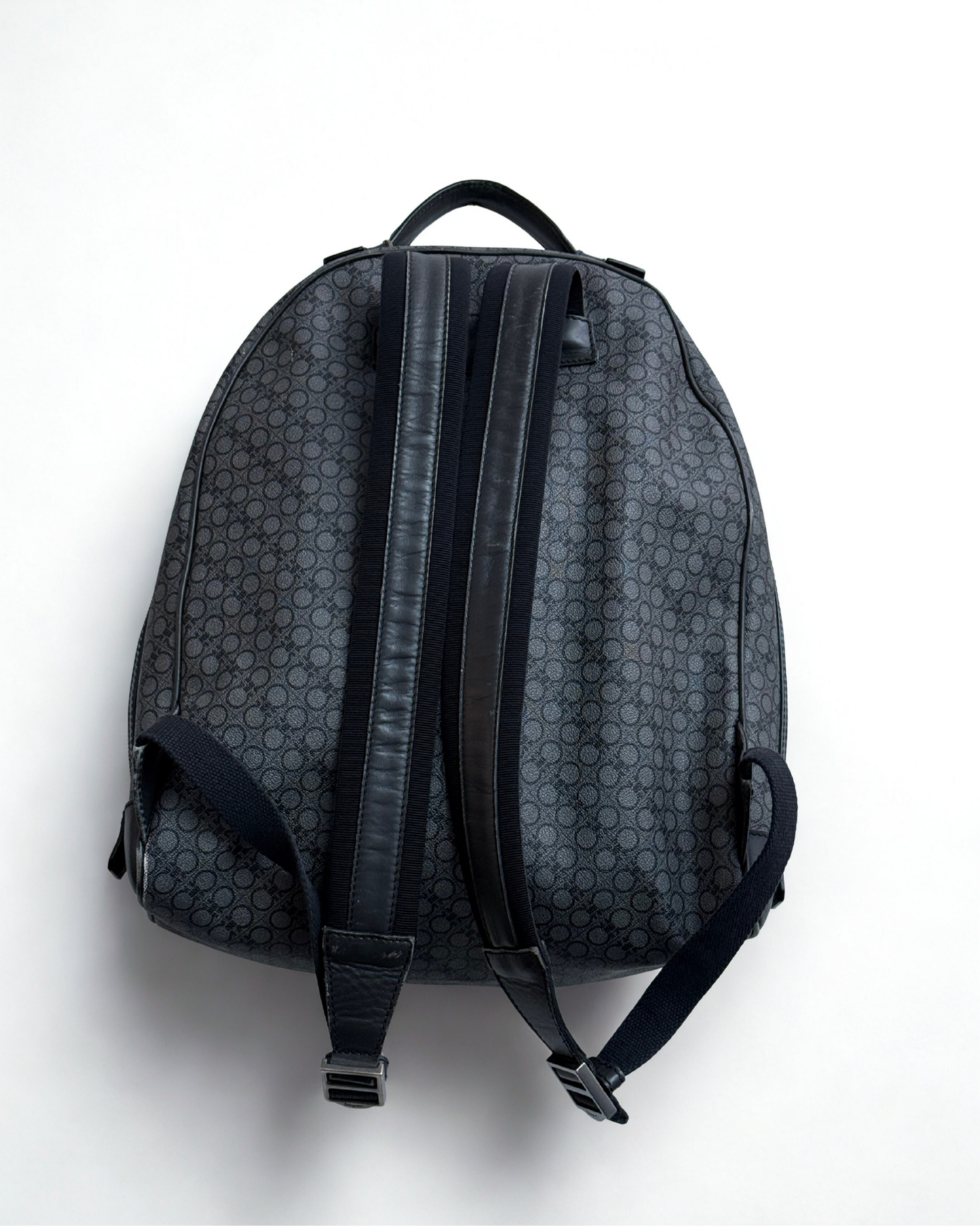 Back view of Salvatore Ferragamo Gancini leather backpack in grey