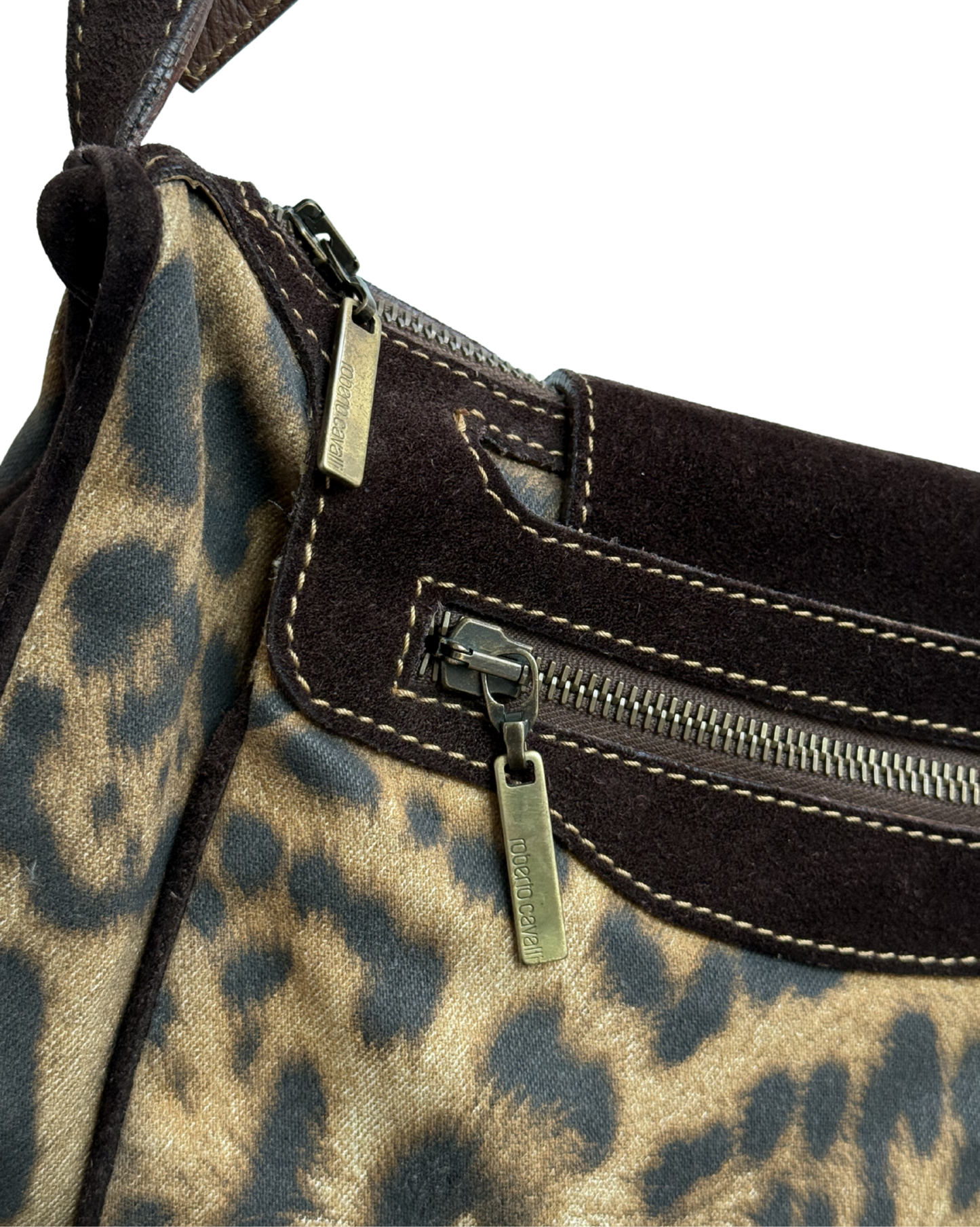 Brown suede trim and brand zip detail