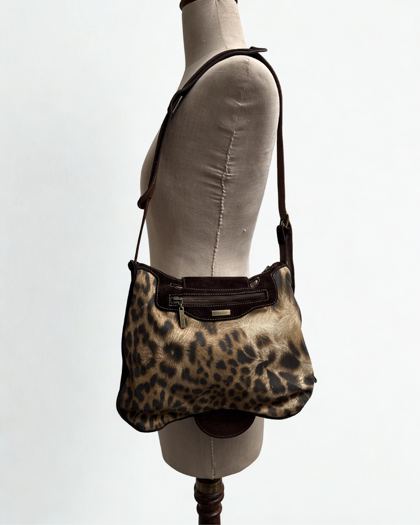 Front view of vintage Cavalli leopard saddle bag