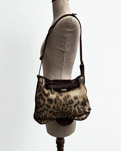 Front view of vintage Cavalli leopard saddle bag