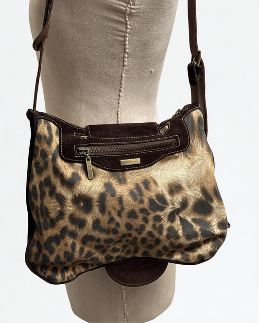 Vintage Roberto Cavalli leopard print canvas crossbody bag