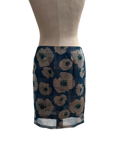 Dries Van Noten Blue Printed Silk Skirt with Sheer Overskirt Made in Belgium Size 42