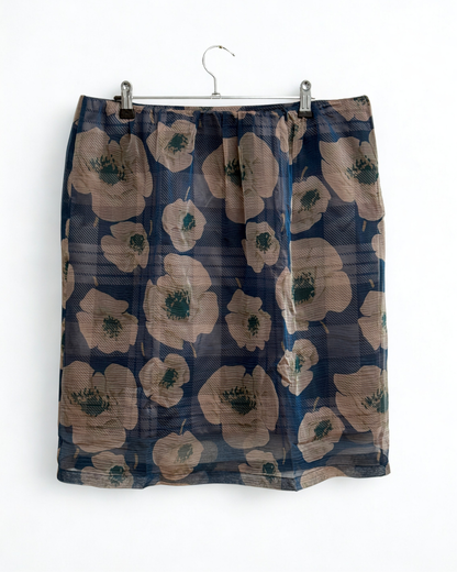 Dries Van Noten Blue Printed Silk Skirt with Sheer Overskirt Made in Belgium Size 42