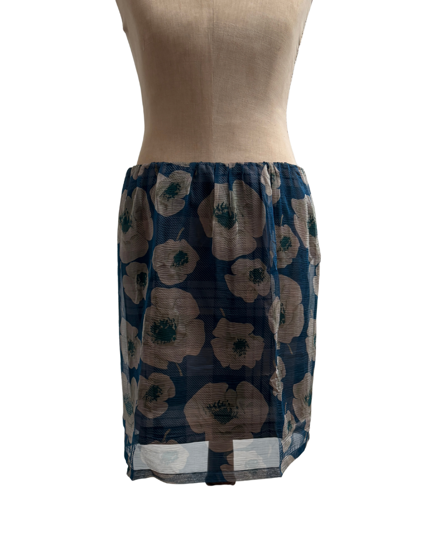 Dries Van Noten Blue Printed Silk Skirt with Sheer Overskirt Made in Belgium Size 42