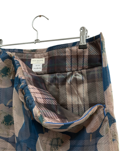 Dries Van Noten Blue Printed Silk Skirt with Sheer Overskirt Made in Belgium Size 42