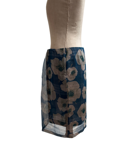 Dries Van Noten Blue Printed Silk Skirt with Sheer Overskirt Made in Belgium Size 42