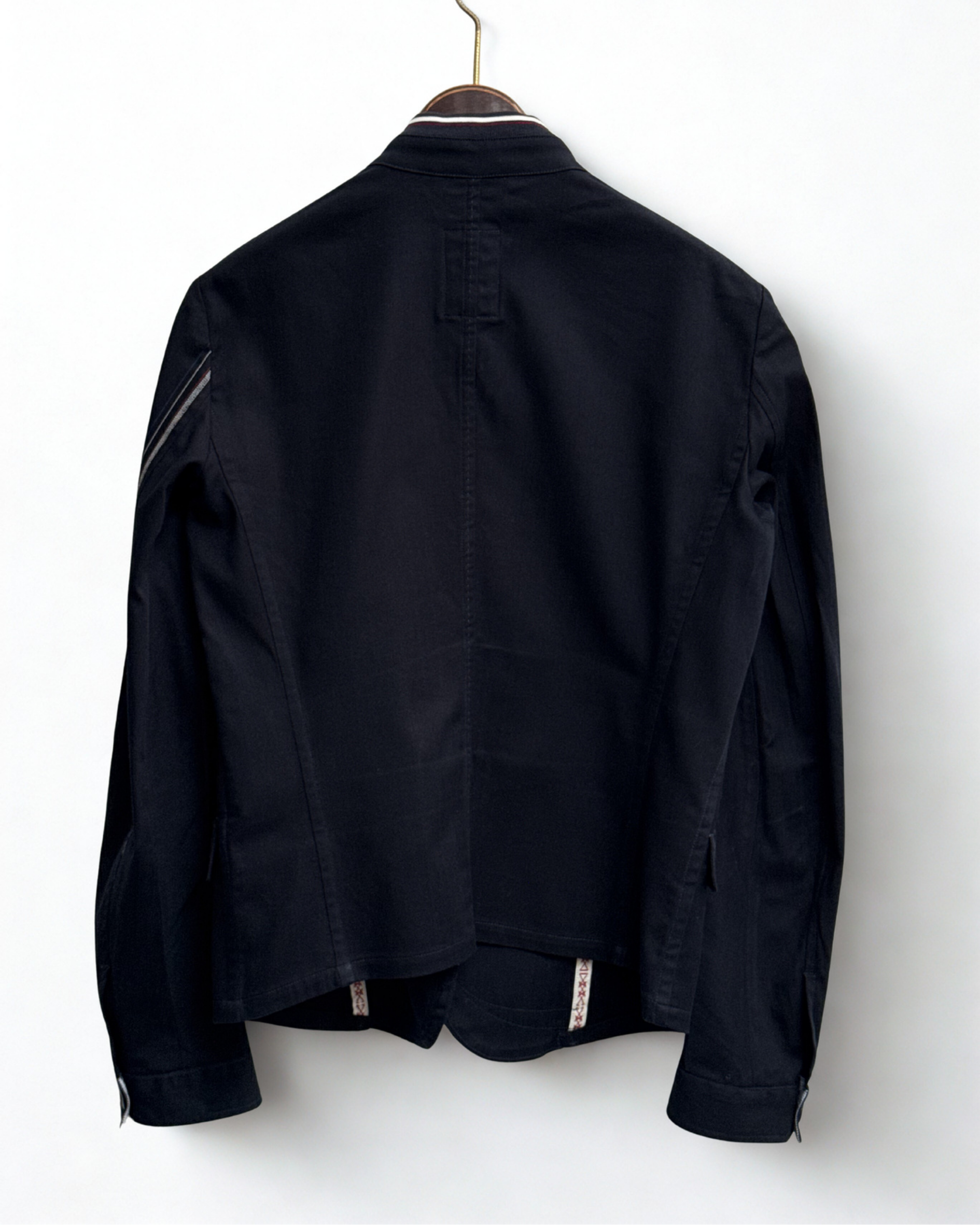 Back view of 2000s Marithé François Girbaud navy stand collar blazer 