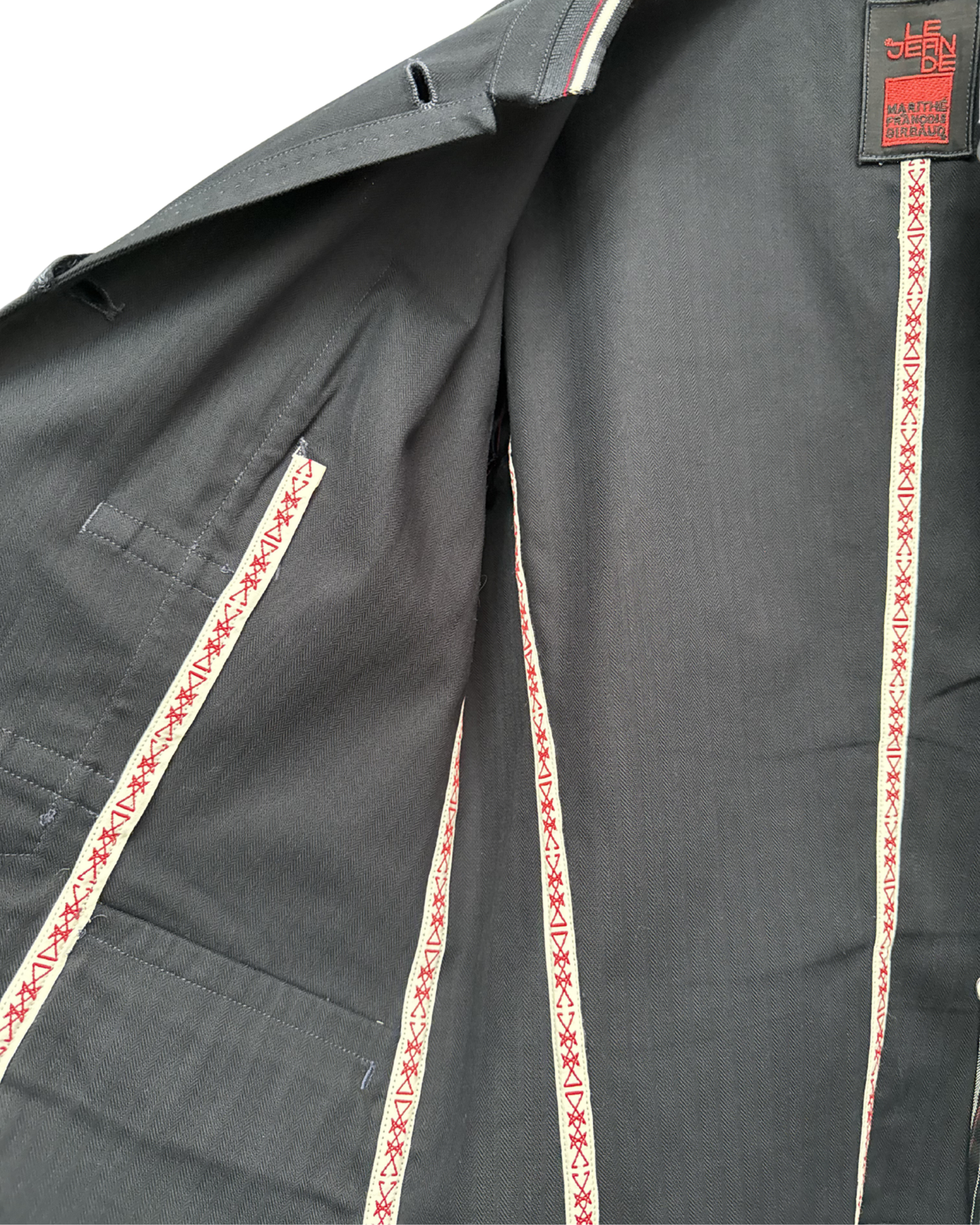 Navy jacket inside right with decorative red and white trim on a white background