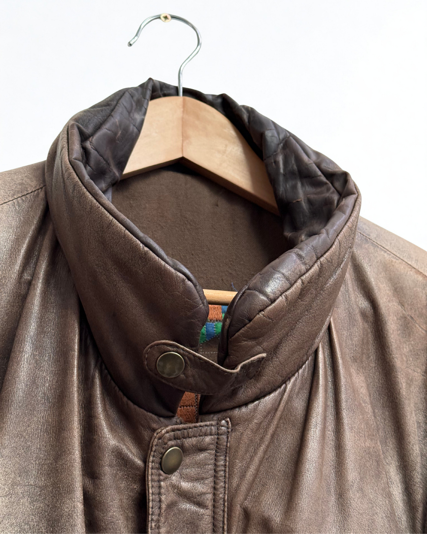 Close up of collar up on vintage bomber jacket