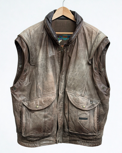 Front view of vintage brown leather bomber jacket without sleeve