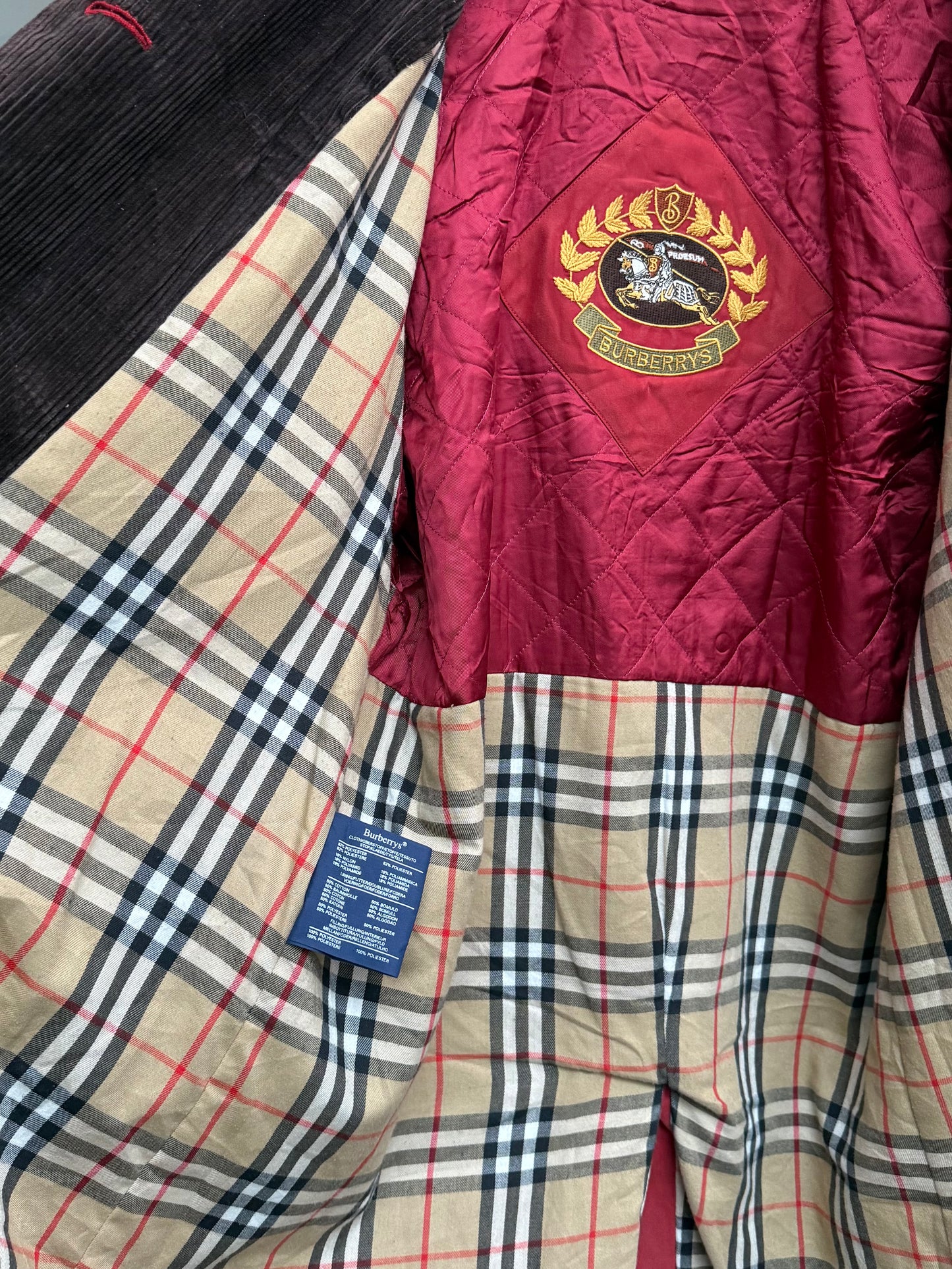 Red Vintage Burberrys coat with a logo and nova check lining, featuring a visible brand label.