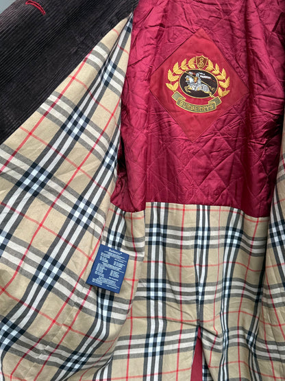 Red Vintage Burberrys coat with a logo and nova check lining, featuring a visible brand label.